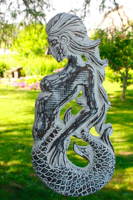Balinese Mermaid Wall Sculpture Panel Nautical Decor carved wood Bali Art left