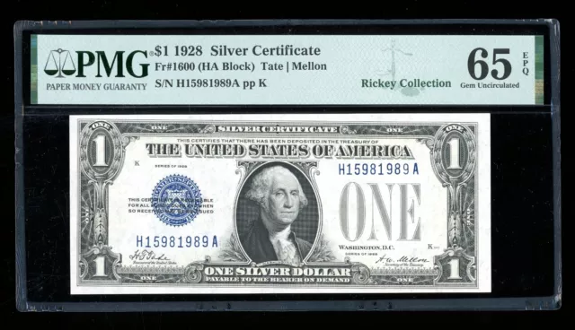 DBR 1928 $1 Silver Gem Fr. 1600 HA Block PMG 65 EPQ Serial H15981989A