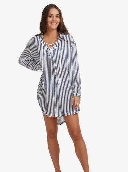 Roxy Womens S BEACH CLASSIC SHIRT DRESS TOP New - White Blue Rrp $79.99 3