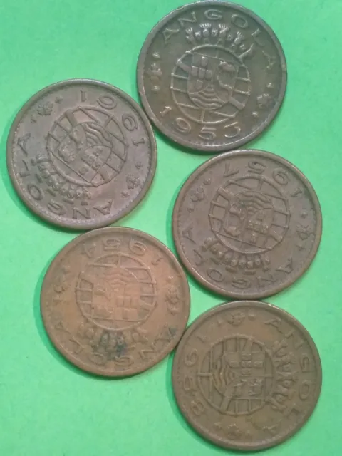 Lot of 5 Coins of ANGOLA 50 Centavos Y-1953, 54, 57, 58 & 1961 VF/XF. #619