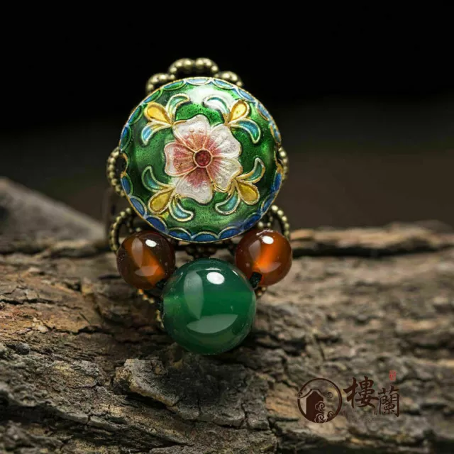 Chinese antique Cloisonne flower GREEN & RED agate copper Adjustable rings