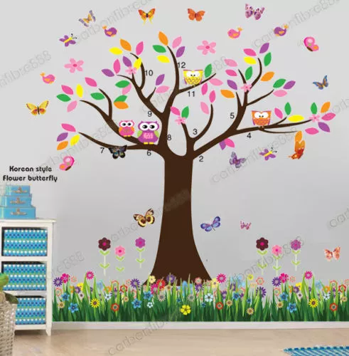 Huge Owl Flower Tree Butterfly&Grass Wall Stickers Art Decal Kids Nursery Decor