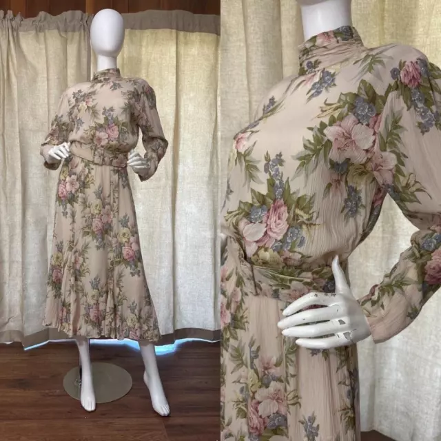 Vintage Dress 90s Gauze Floral Midi Cottagecore Boho Maxi rayon crinkle Size M/L