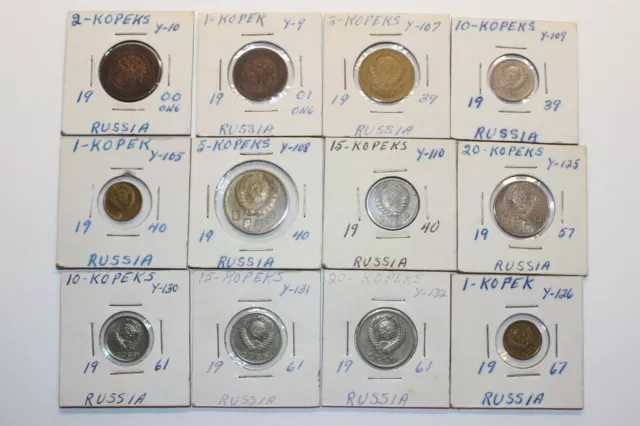 Lot Of 12 Russia Coins - Kopeks - 1900 1901 1907 1939 1940 1957 1961 Ussr Cccp