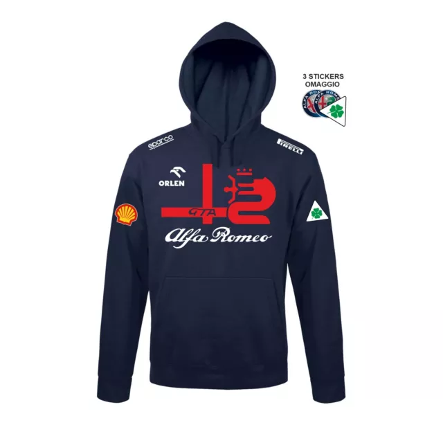 Felpa BLU Cappuccio ALFA ROMEO Racing Team replica auto GP scuderia+3 stickers