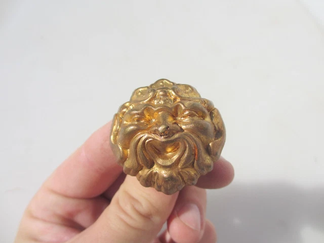 Vintage Brass Furniture Ormolu Hardware Mount Face Old Head Green Man Leaf