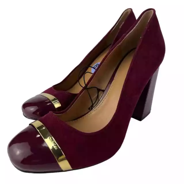 Calvin Klein Carlia Womens Sz 8.5 Burgundy Gold Block Heels Suede Patent Cap Toe