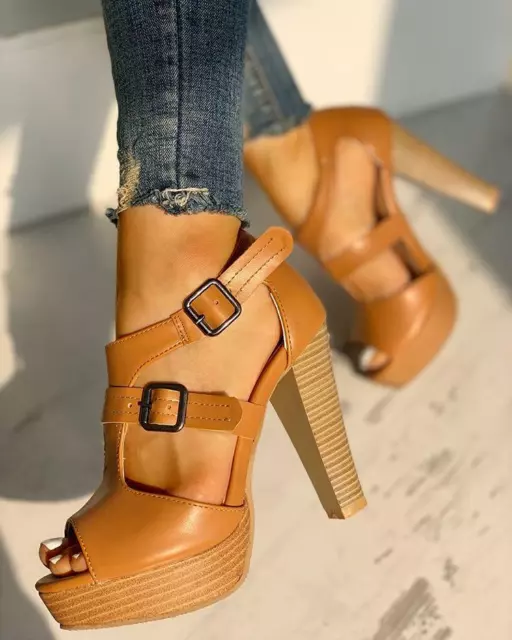 Womens Ankle Strap High Block Heels Platform Peep Toe Sandals Buckle Roman Shoes