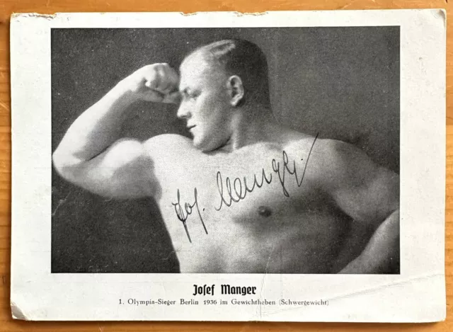 Josef Manger Autogramm ** 1. Olympia Sieger 1936 im Gewichtheben Schwergewicht