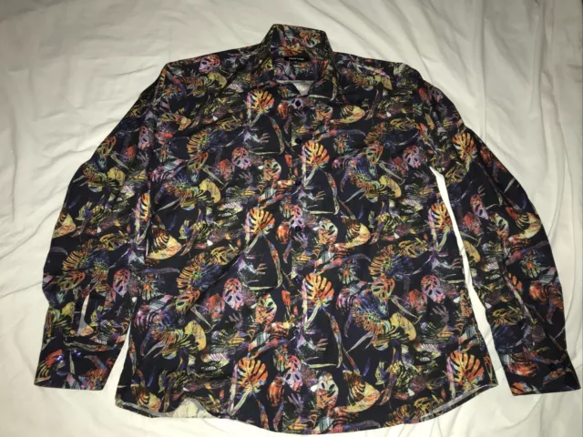 Jared Lang Mens Shirt XL Slim Tropical Print Hawaiian Long Sleeve Button Up