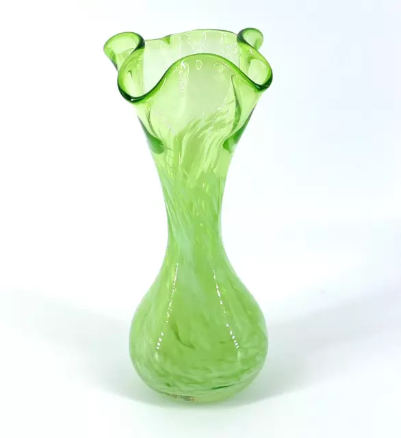 Hand Blown Mint Green & White 7.5" Art Glass Bud Vase Swirled Clover Mouth