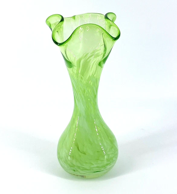 Hand Blown Mint Green & White 7.5" Art Glass Bud Vase Swirled Clover Mouth