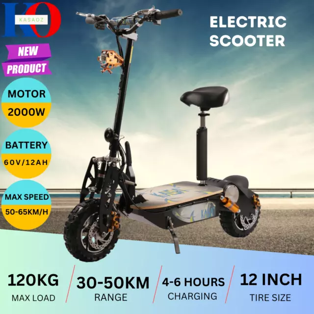 KASA 2000W Electric Scooter 60V Foldable Motorised Bike Light 12in Off Road Tyre