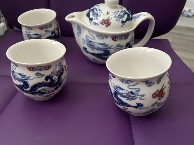 Chinese Japanese Double Dragon Teapot Tea Double Wall Cups Vintage Rare Mark