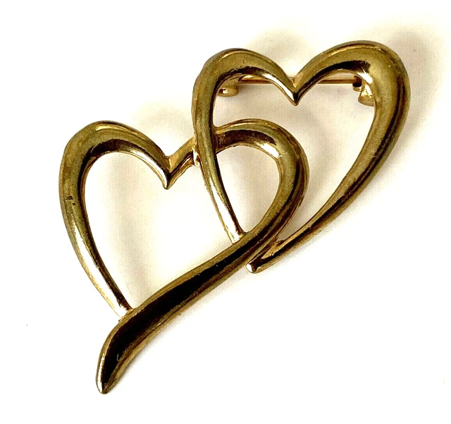 Broche Vintage Coeurs Enlacés Avec Nœud Et Strass - Plaqué Or - Dimensions 30x27 Mm - Occasion