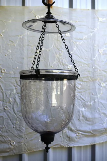 Antique Colonial Bell Jar Verre Lanterne Belge Lampes Pendent Light Gravure De "