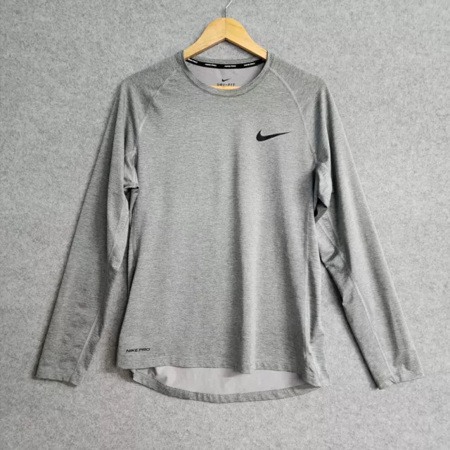 Nike Dri-Fit Running Top Size L Mens Grey Logo Long Sleeve Sports Activewear