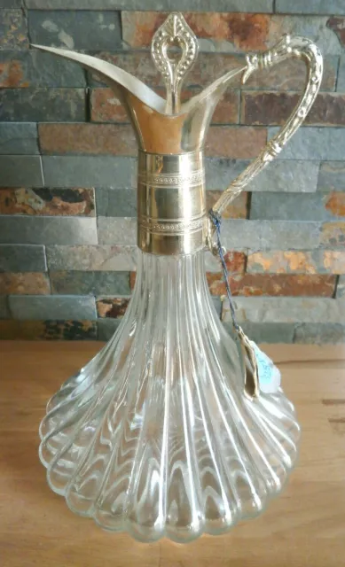 Ancienne aiguière carafe en verre  et métal argenté italie