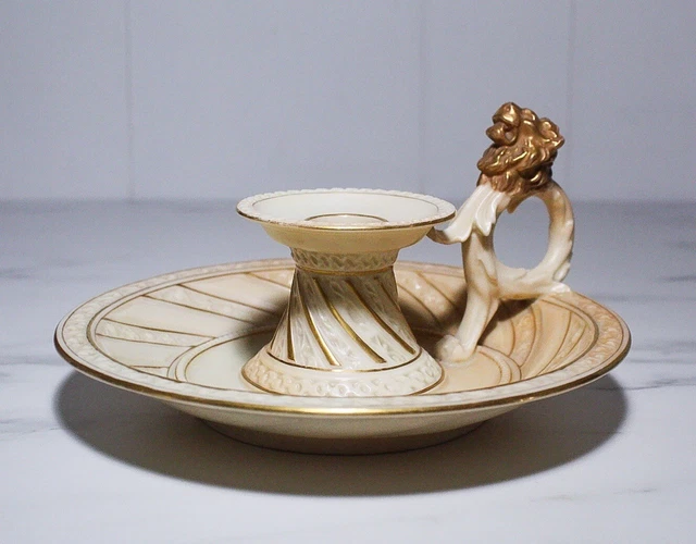 ANTIQUE ROYAL WORCESTER England Gold Gilt Porcelain Candle Holder Lion