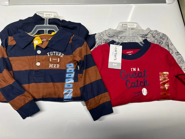 NEW CARTERS BABY CLOTHES BOYS SETS 6 AND 9 MONTHS 6 Piece FOOTBALL BASEBALL LONG