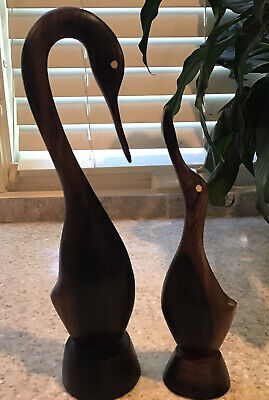 Two Mid Century Carved Monkey Pod Statue Herons Egrets Cranes Mother and Baby