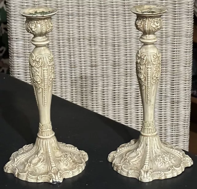 Vintage Candleholder Candle Holder Pair Spelter Pot Metal Painted Distressed 2