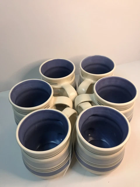 Pfaltzgraff Mugs Rio Set 6 Hand Painted Cream Blue Lines Cups