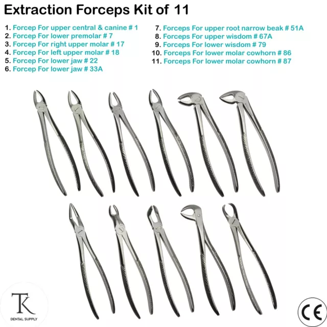 Dentaire Daviers -Tooth Extracting Upper & Lower Roots Surgery Forceps Kit Of 11