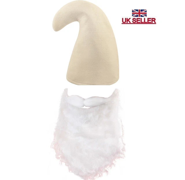 ADULTS GARDEN GNOME Dwarf Hat & Beard White Colour Fancy Dress Costume ...