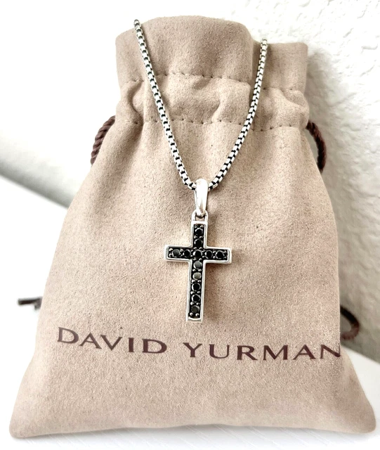 David Yurman Black Diamond Cross Pendant with 27-28" Box Chain Necklace for Men