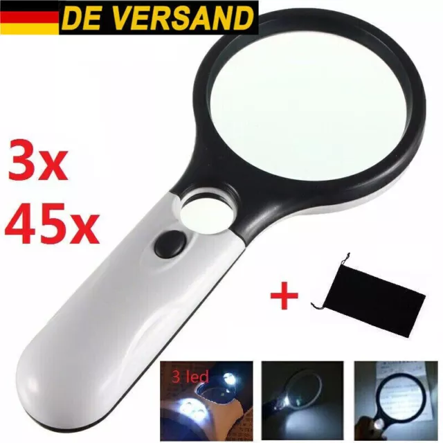 3 LED Extra große Handlupe mit Licht 45X Fach Vergrößerung Beleuchtete Leselupe.