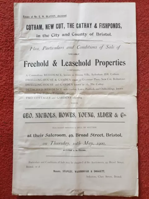 1900 antike Auktionsurkunde Immobilien in Cotham, Bedminster, Fischteiche