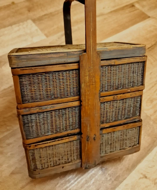 VINTAGE CHINESE THREETIER Bamboo And Rattan Lunch Basket With Large