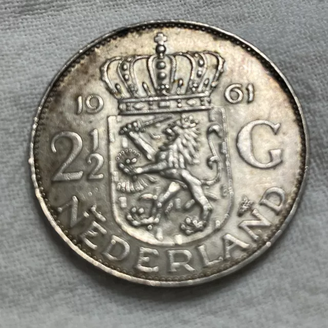 1961 NETHERLANDS 2 1/2 Gulden .720 Silver Ab.Uncir. Large Coin Juliana Koningin