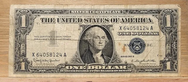 One Dollar Silver Certificate Series 1957 B Blue Seal  Note C764  X 64058124 A