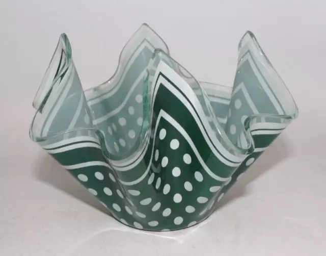 Vintage Chance Brothers Dark Green Polka Dot Glass Handkerchief Vase