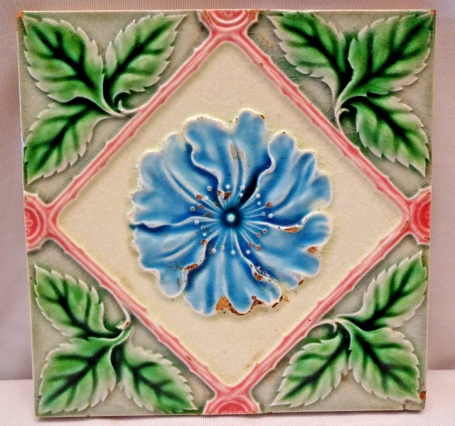 Tile Japan Saji Vintage Majolica Ceramic Porcelain Art Nouveau Flower Leaf # 210