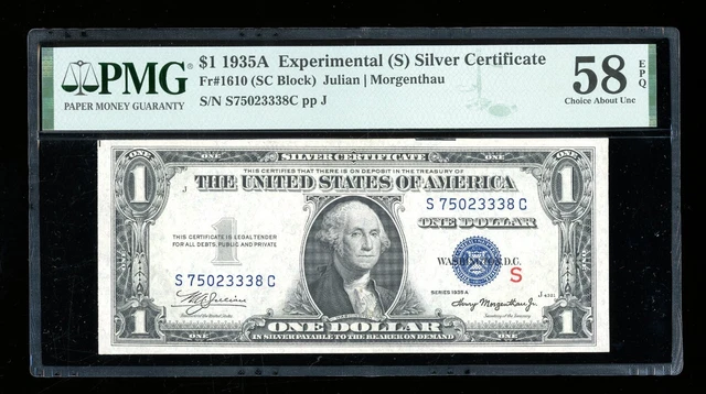 DBR 1935-A $1 Silver Experimental (S) Fr. 1610 PMG 58 EPQ Serial S75023338C