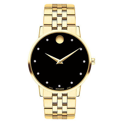 New Movado Museum Classic Diamond Dial Gold-Tone Steel Men's Watch 0607625