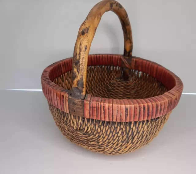 Vintage Chinese Willow Weave Rice Basket Bamboo Handle Red