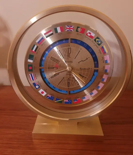 Bulova Brass Round Floating World Time Desk Mantle Quartz Clock  Excellent Cond.