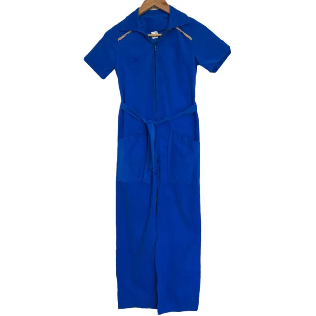 Vintage 1970's Corduroy Jumpsuit Girls Size 12 Blue Short Sleeve Pockets Tie Zip