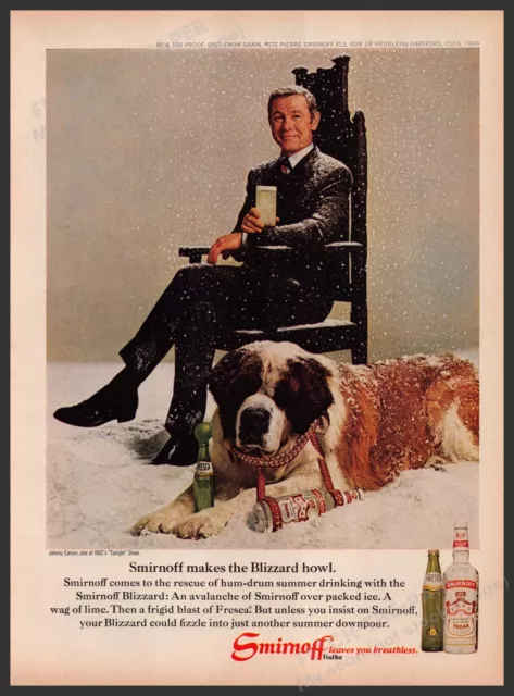 Smirnoff Vodka Johnny Carson 1960s Print Advertisement Ad 1969 St. Bernard Dog