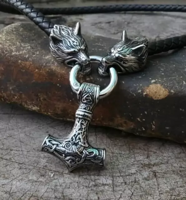 Viking Odin Silver Plated Thor's Hammer Mjolnir Wolves Pendant Leather Necklace