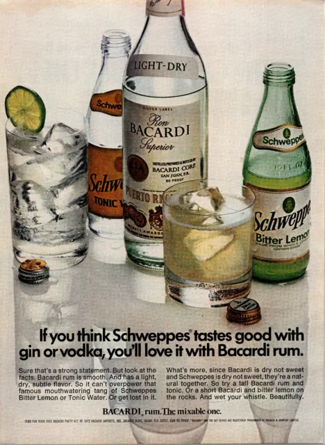 Vintage 1972 Schweppes And Bacardi Rum Print Ad Advertisement