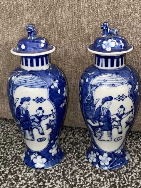 Pair Of Chinese Porcelain Blue White Ginger Jar PRUNUS  Foo Dog Lids See Pics