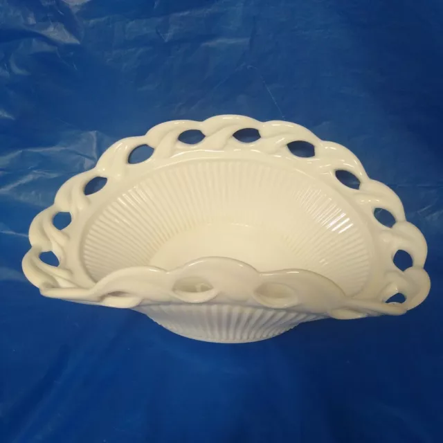 Vintage Milk Glass Ribbed Open Lace Fruit Banana Bowl Basket Bent Dish Bowl