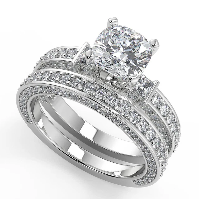 2.75 Ct Cushion Cut Bar 3 Sided Pave Diamond Engagement Ring SI1 F Treated