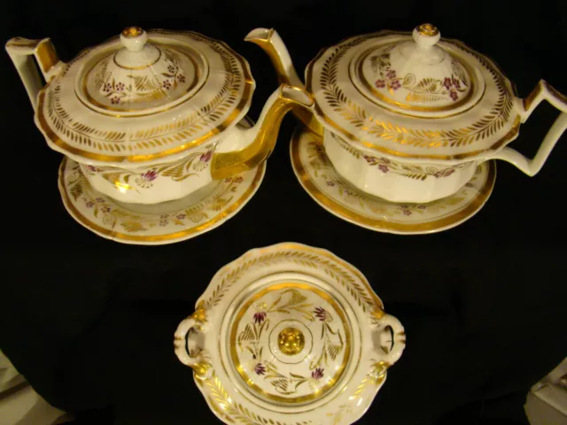 First Empire Old Paris Porcelain Pair Teapots on Stands & Covered Sugar Bowl