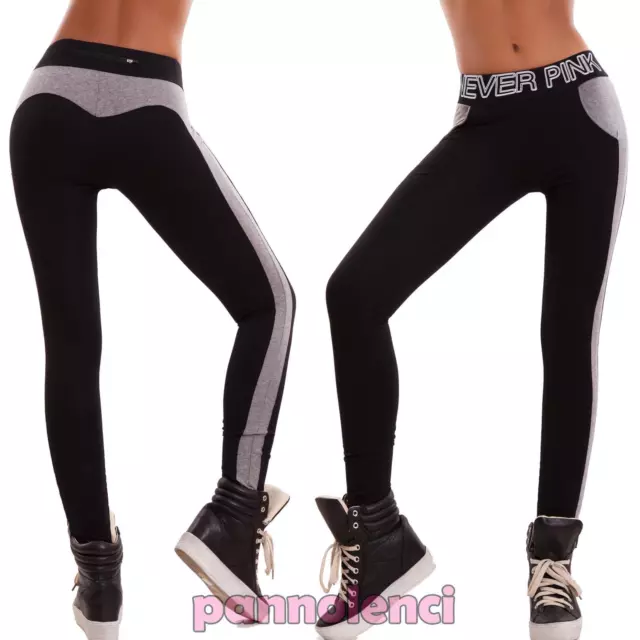 Pantaloni donna leggings skinny sport fitness scritte riga elastici nuovi K9548